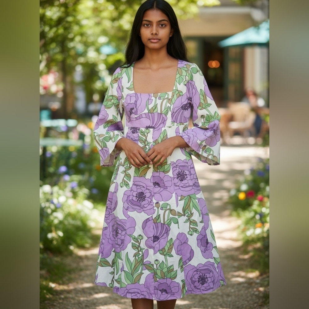 Hyacinth House Lavender Botanical Bell Sleeve Midi Dress L Cottagecore